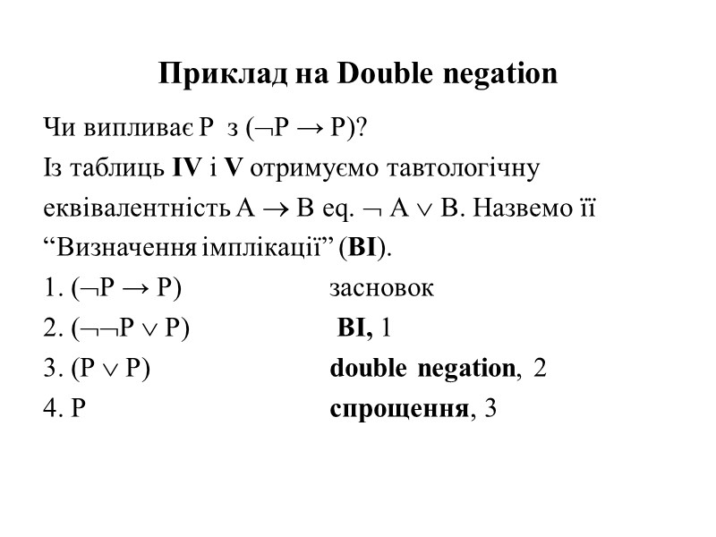 Приклад на Double negation  Чи випливає P  з (P → P)? Із
